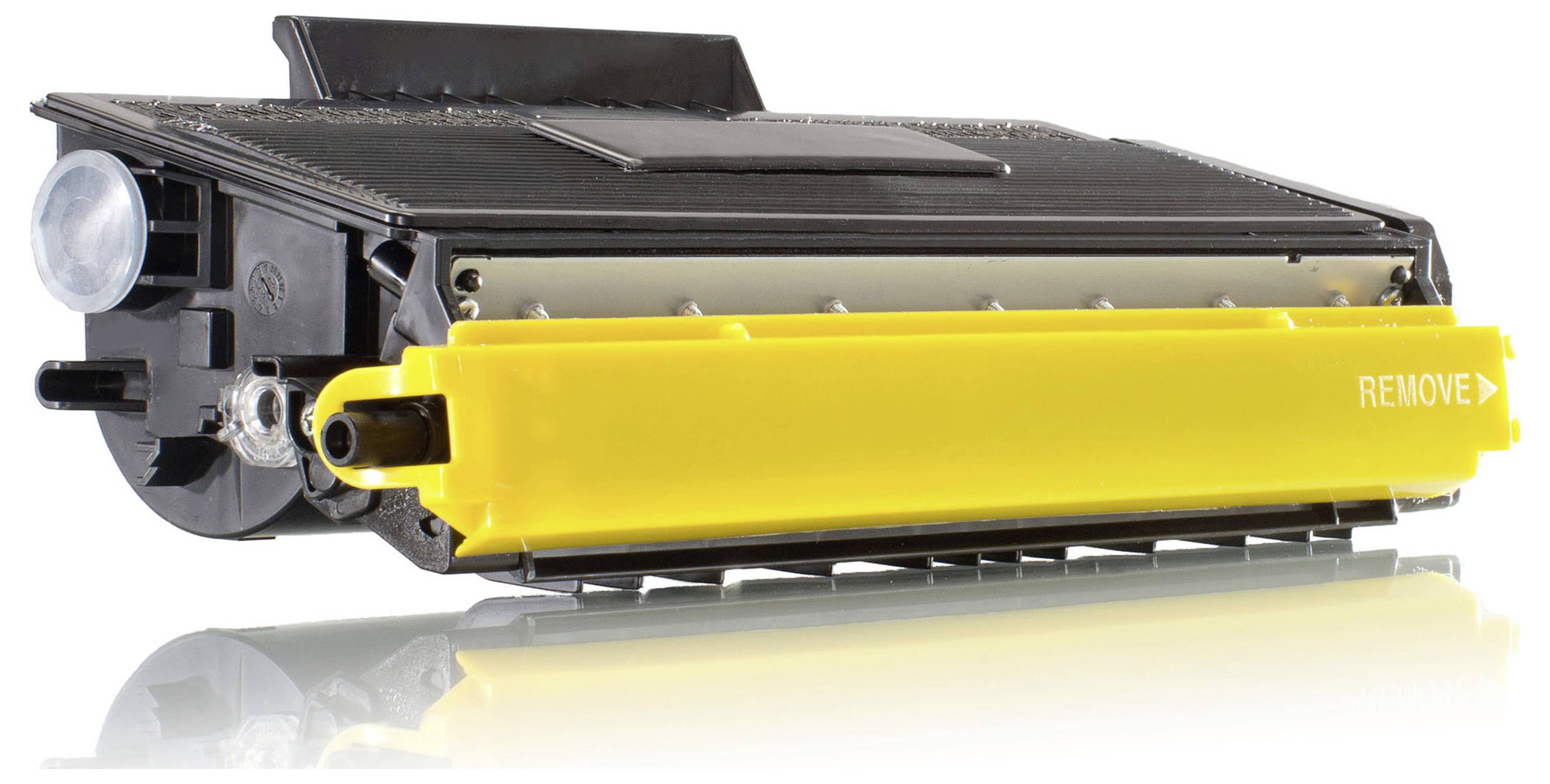 Black printer toner cartridge with bright yellow 'REMOVE' protective strip on a white background<br>