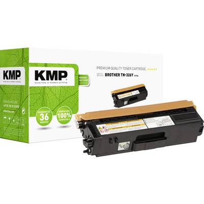 'TN-326Y Toner Cartridge' next to 'KMP' branded packaging. Note indicating 36 months' warranty and 100% compatibility for Brother printers.