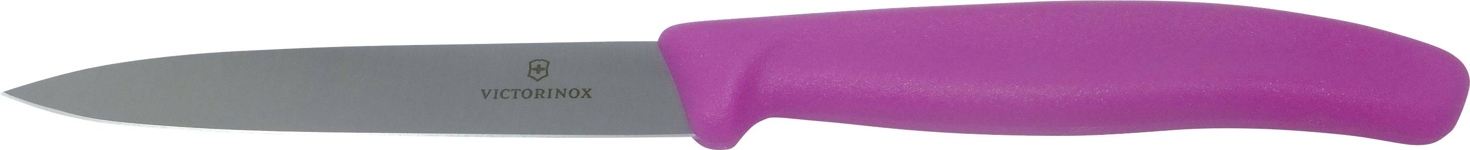 A knife with a pink handle and silver blade, manufactured by Victorinox.