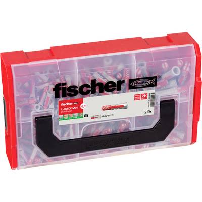 A red plastic Fischer L-BOXX Mini case filled with wall plugs and anchors, labeled for 210 pieces.