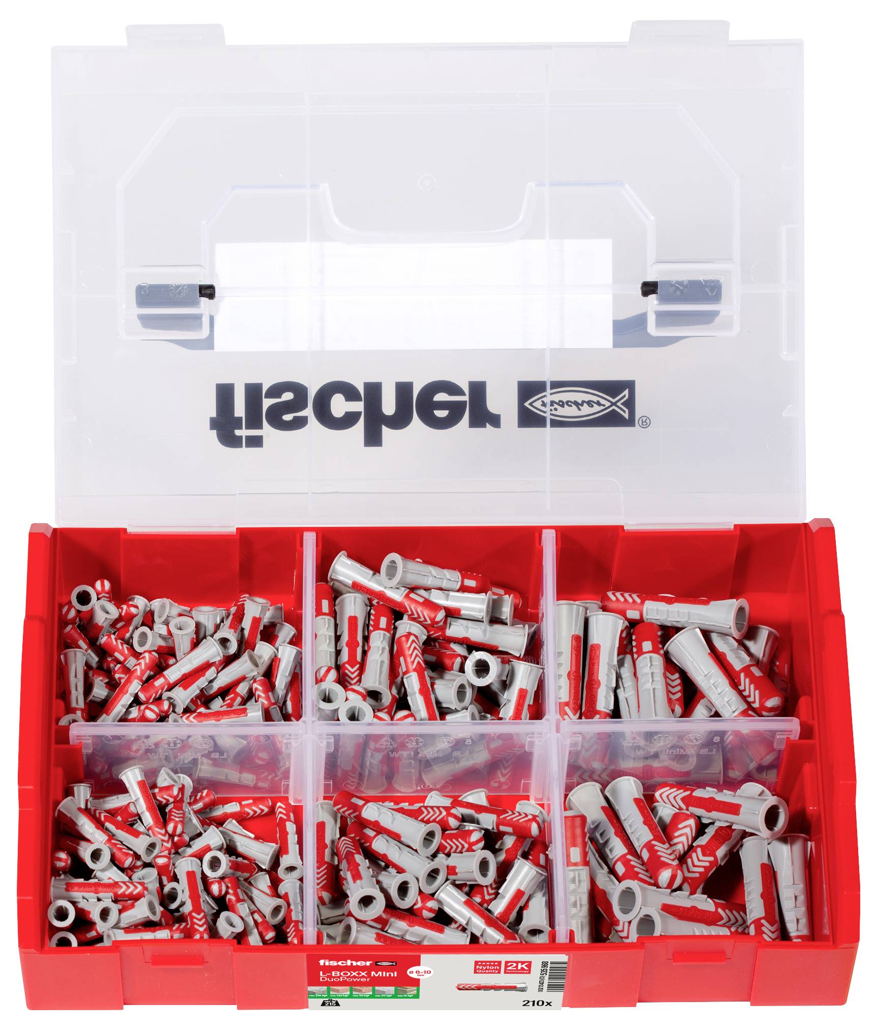 Red and grey wall plugs in an open, multi-compartment plastic Fischer brand storage box.