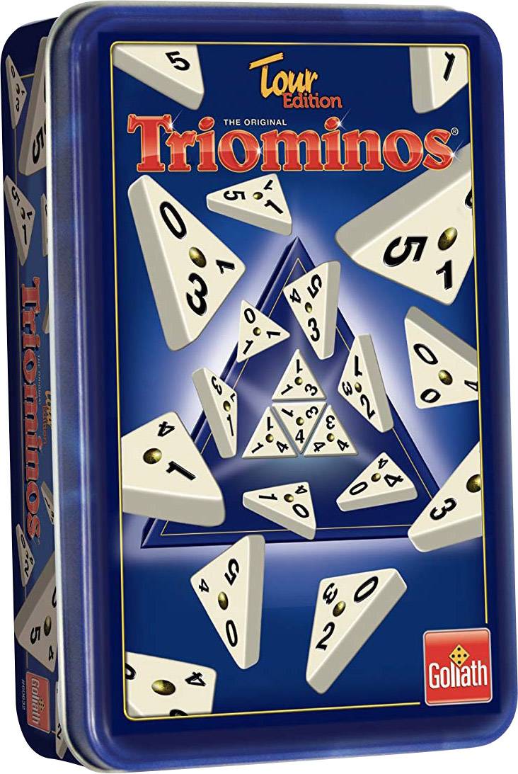 'Triominos Tour Edition' Game in a blue metal tin with triangular playing tiles and numbers, manufactured by Goliath.