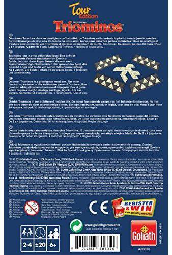 The back of the 'Triominos' box shows game information: 2-4 players, ages 6 and up, playing time 20 minutes, manufacturer Goliath Games.