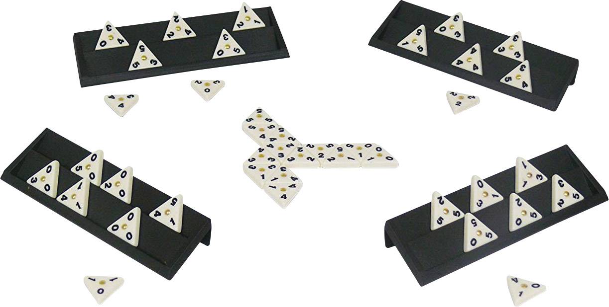 Triominos Game: Five black trays with triangular game tiles in the centre. Each tile has points at the corners.