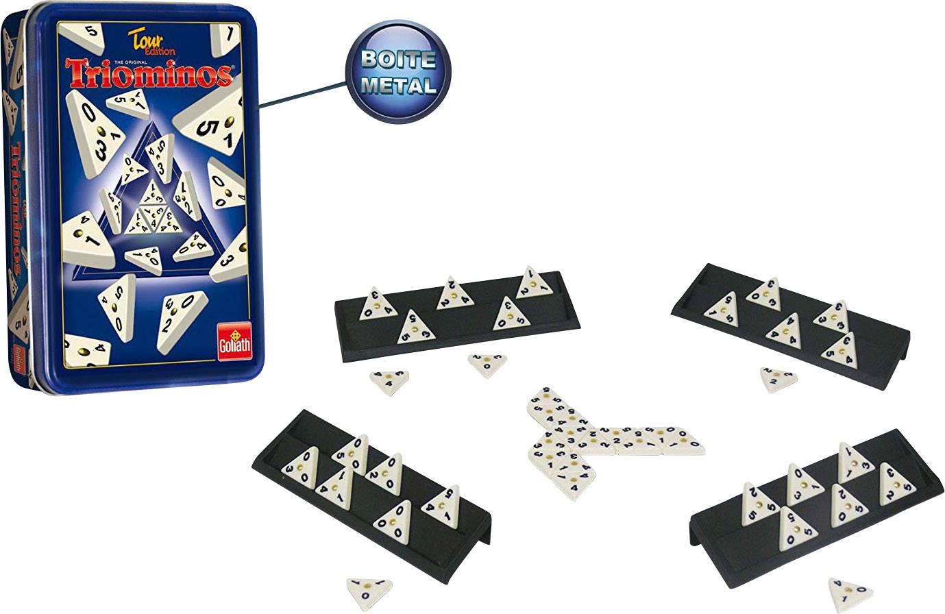 'Triominos' in a metal tin, with triangular game pieces on black stands, suggests a strategy game.