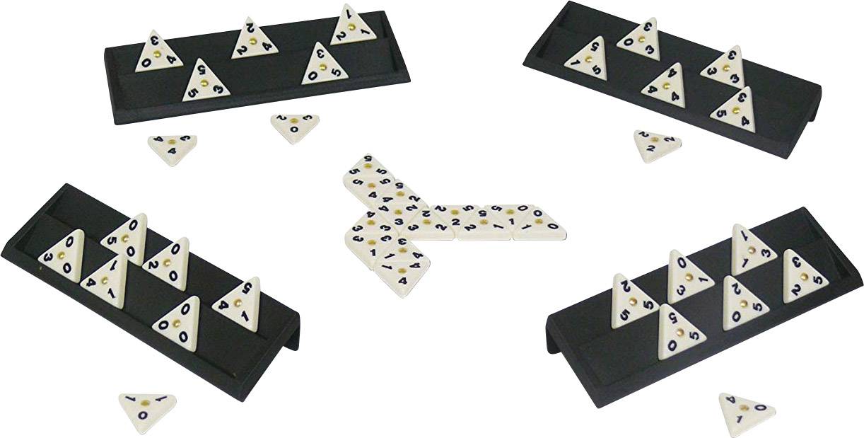 Board game with triangular stones on four trays and an arrow made of stones in the middle. The game resembles the domino principle.