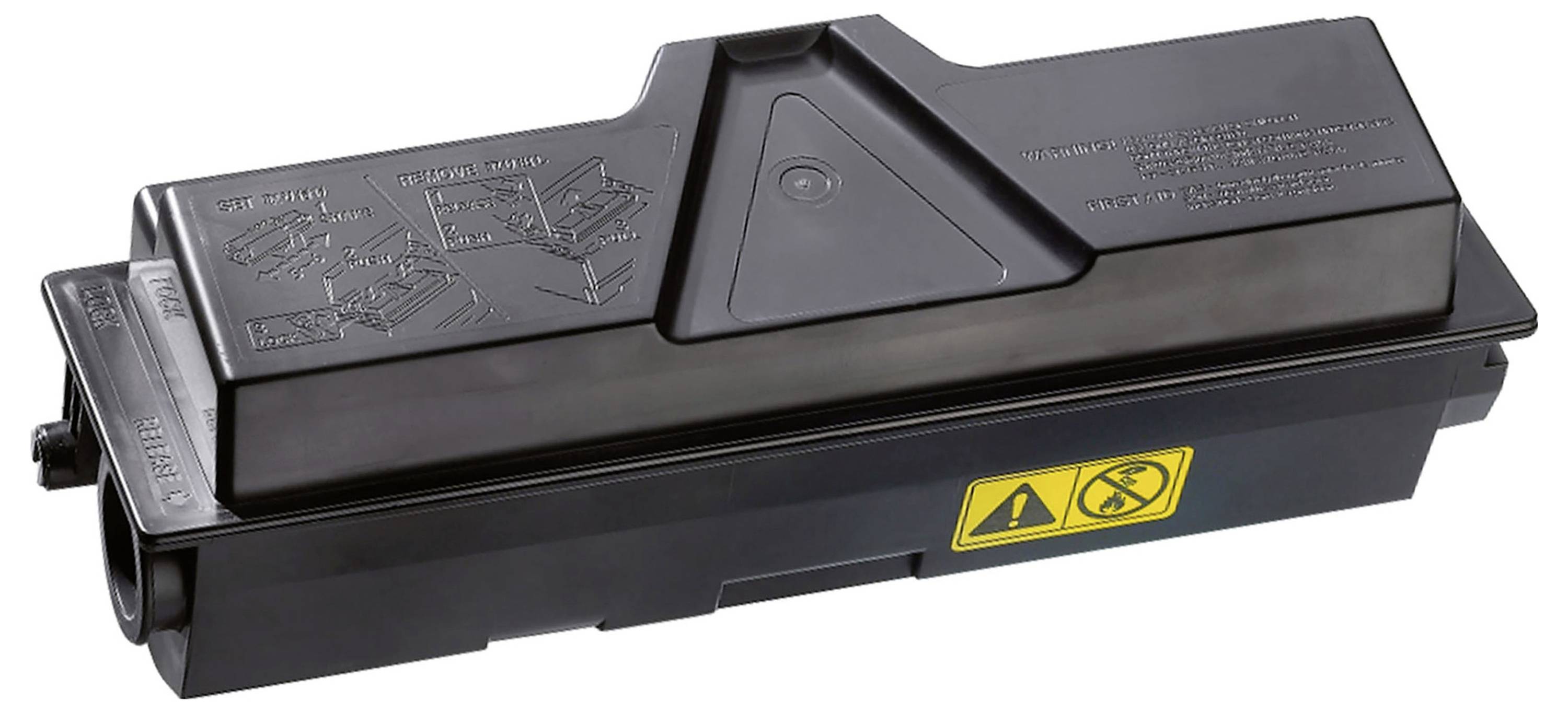 Black printer toner cartridge with yellow warning label, shown isolated on a white background.