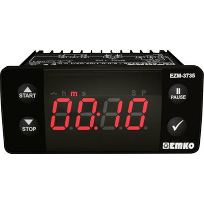 Digital timer with red LED display showing '00:10', buttons for start, pause, hours, and minutes. Brand Emko, Model EZM-3735.