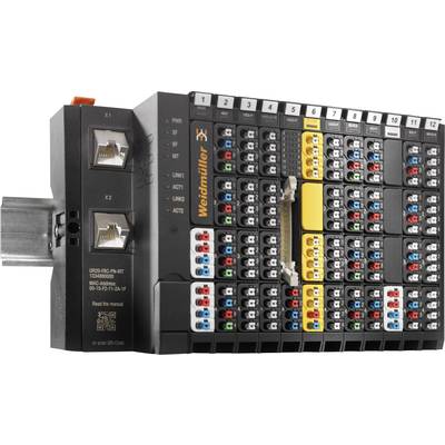 'Weidmüller I/O System: Distribution box with numerous colour-coded plug connections, suitable for industrial control and data acquisition.'