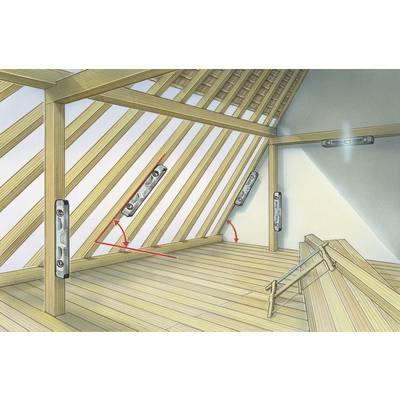 'Illustration of an attic with a wooden beam construction. Red arrows point to specific angles and a spirit level measures the levelness.'
