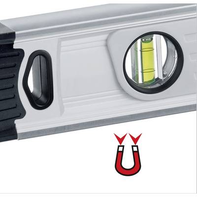 Spirit level with integrated bubble vial for measuring the horizontal plane, with a magnetism symbol underneath.
