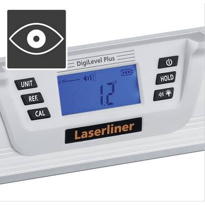Digital Angle Measure 'DigiLevel Plus' by Laserliner, blue display showing 1.2 degrees, buttons for unit, reference, calibration and hold.
