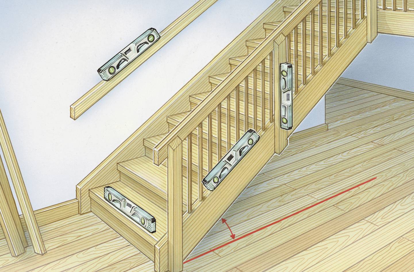 A staircase with a wooden handrail is being checked with spirit levels at various points to ensure correct alignment.