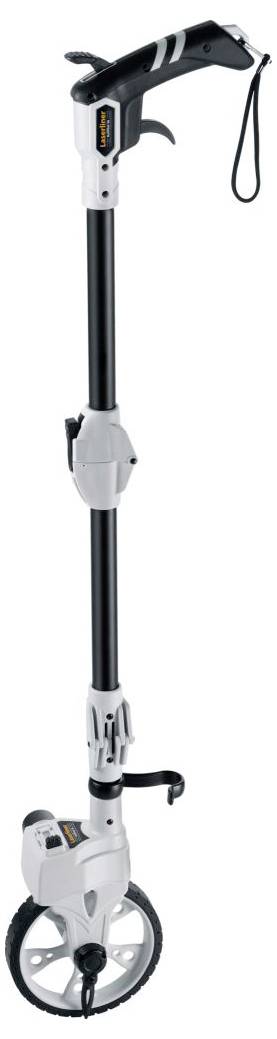 A measuring wheel with an ergonomic handle and large wheel, used for distance measurement. Includes a reset button and a wrist strap.