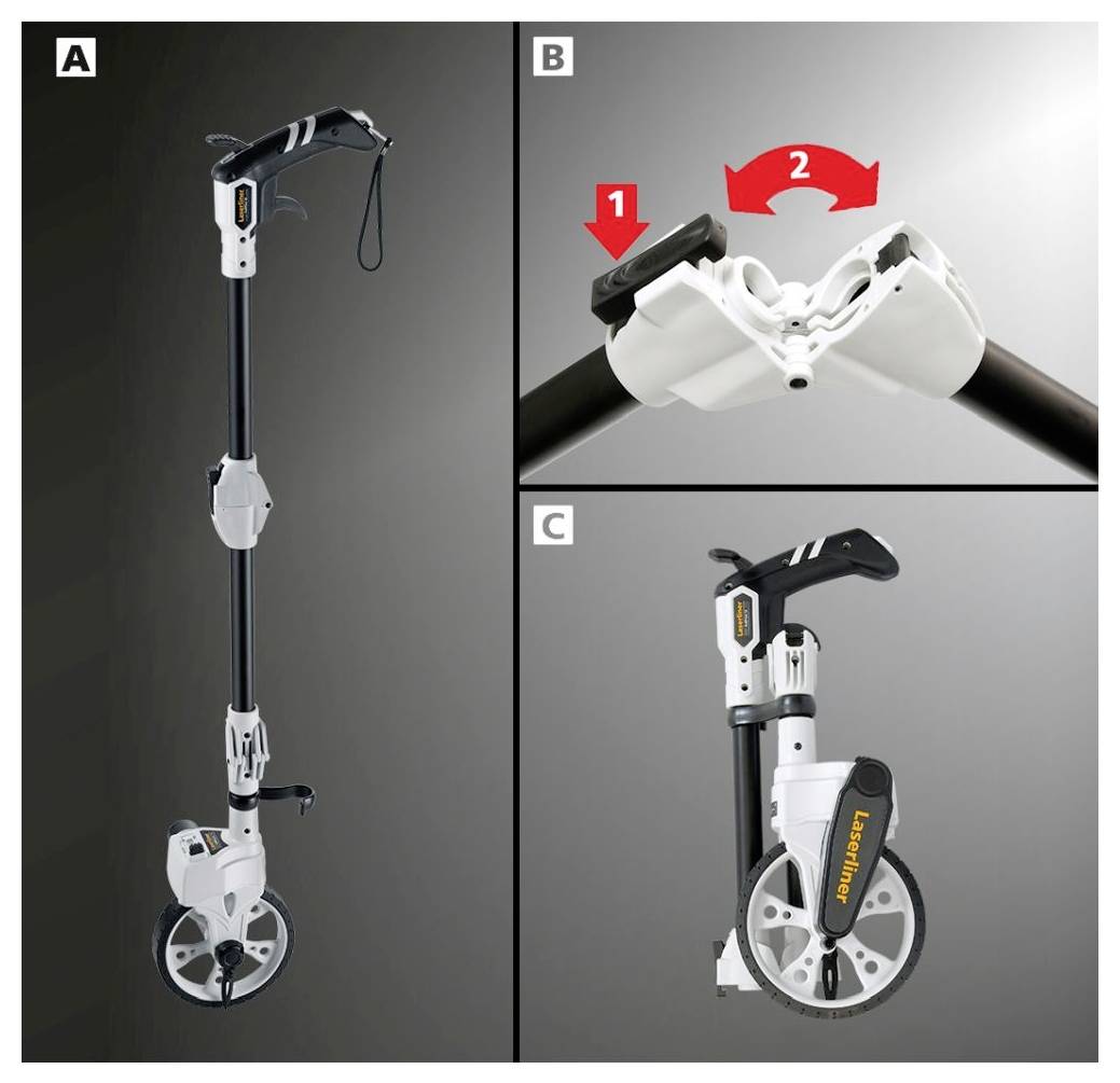 'Collapsible walking aid: A) Full view, B) Folding mechanism steps, C) Folded view labeled 'LaserKick'.'