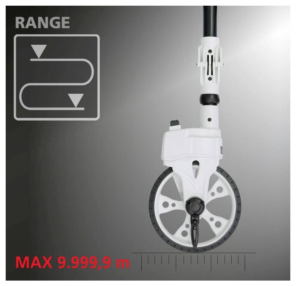 A large white measuring wheel with a black handle against a grey background. Displays measurement range with text 'MAX 9,999.9 m'.