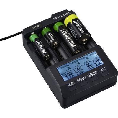 Four batteries in a Volcraft charger with a digital display showing voltage, current, and charging status.