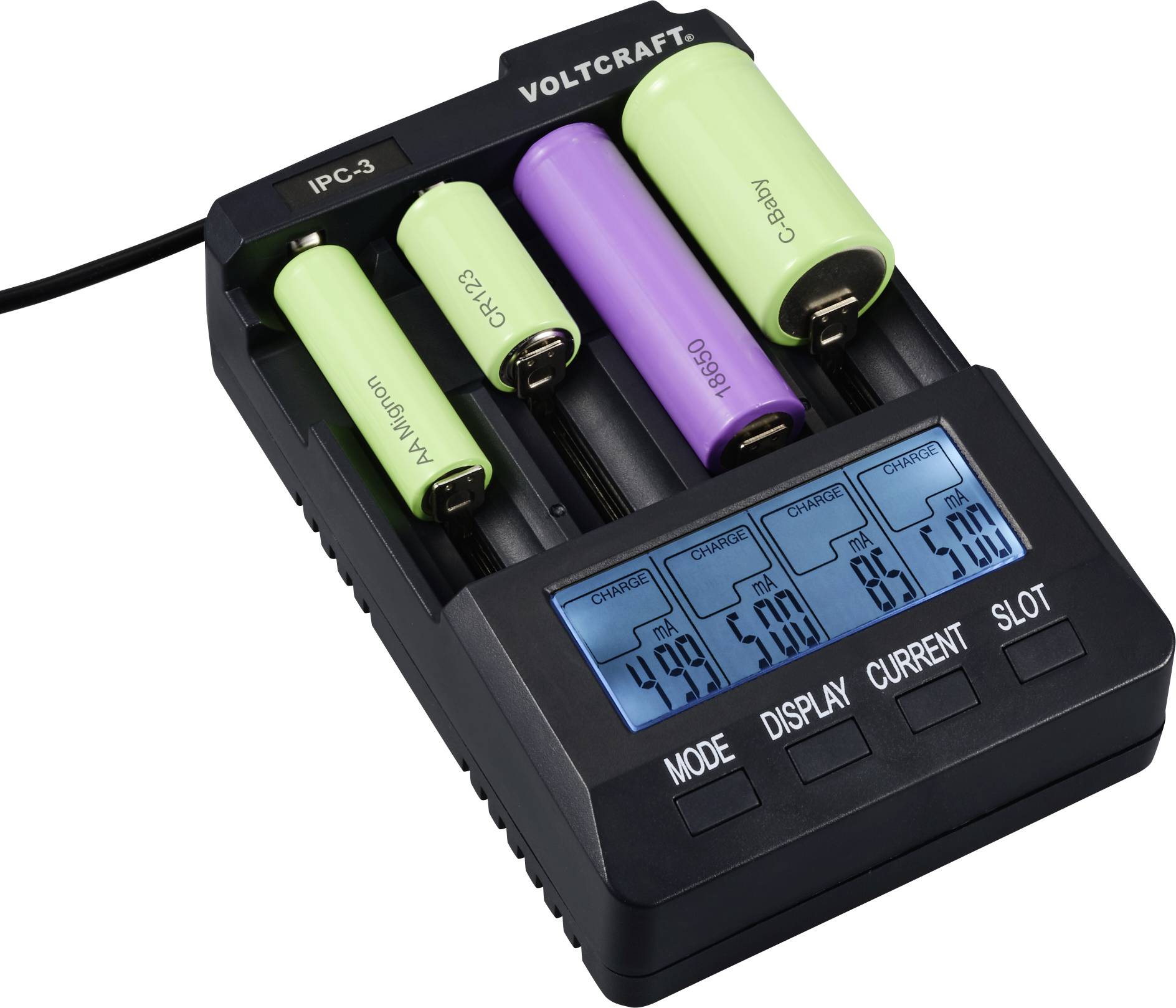 A battery charger is charging four lithium-ion batteries of different sizes. The display shows voltages and charge states.