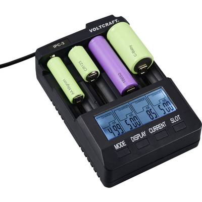 A battery charger is charging four lithium-ion batteries of different sizes. The display shows voltages and charge states.