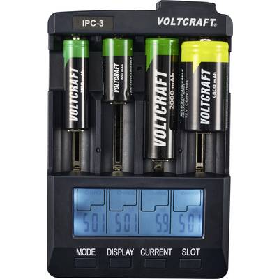 'VOLTCRAFT IPC-3' battery charger with four batteries. Digital display shows charging voltage for each battery.