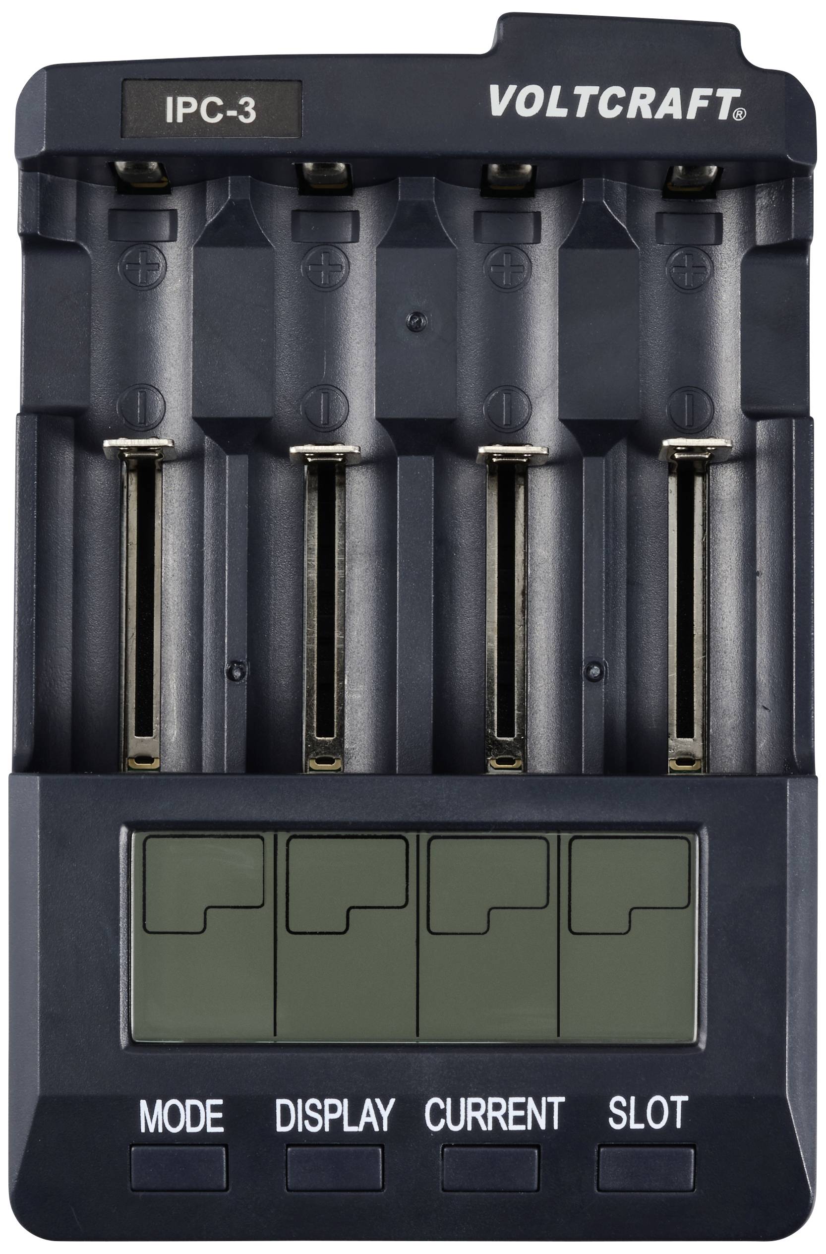Four-way battery charger by Voltcraft with LCD display and function buttons for mode, display, current strength, and battery slot.