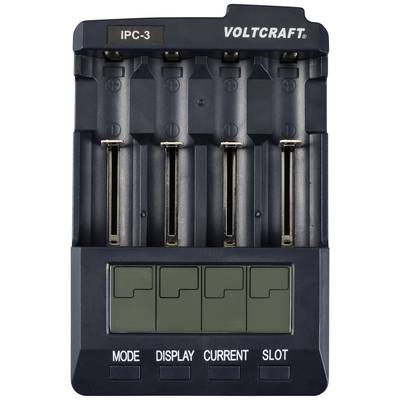 Four-way battery charger by Voltcraft with LCD display and function buttons for mode, display, current strength, and battery slot.