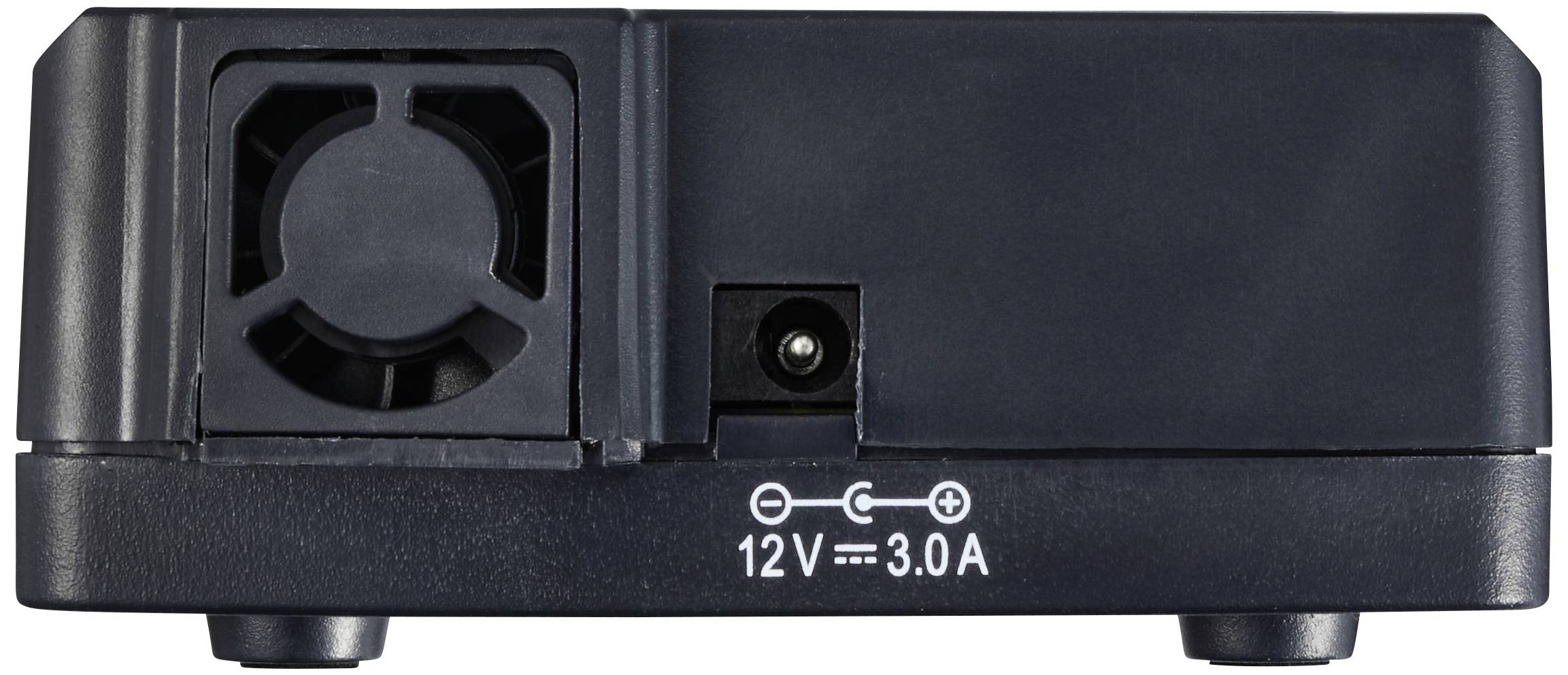 Power supply rear with a fan on the left and a power socket on the right. Label reads: '12V 3.0A'.