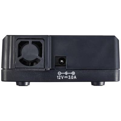 Power supply rear with a fan on the left and a power socket on the right. Label reads: '12V 3.0A'.