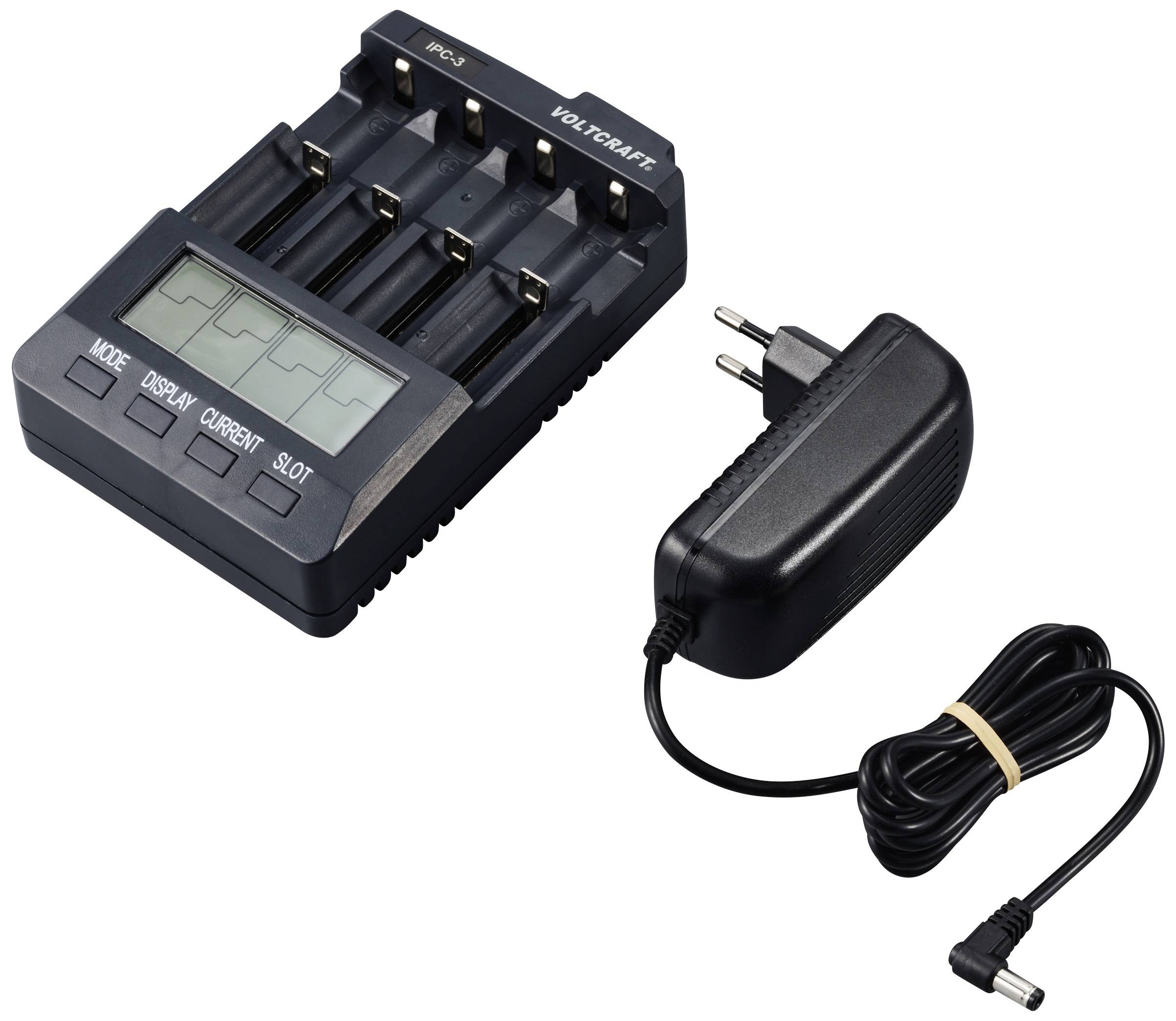 Four-slot battery charger with digital display, including power cable.