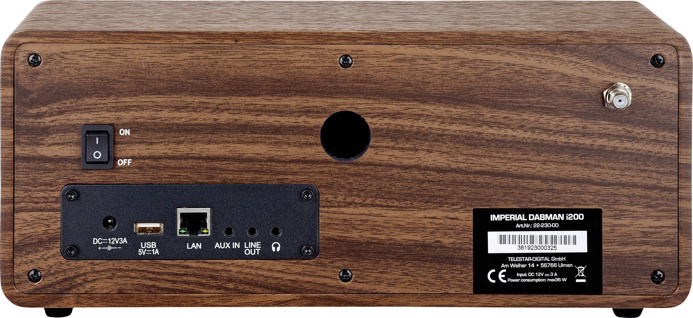 Wooden rear panel of a device with connections: power switch, LAN, AUX-IN, LINE-OUT sockets and power supply. Brand name visible.