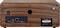 Wooden rear panel of a device with connections: power switch, LAN, AUX-IN, LINE-OUT sockets and power supply. Brand name visible.
