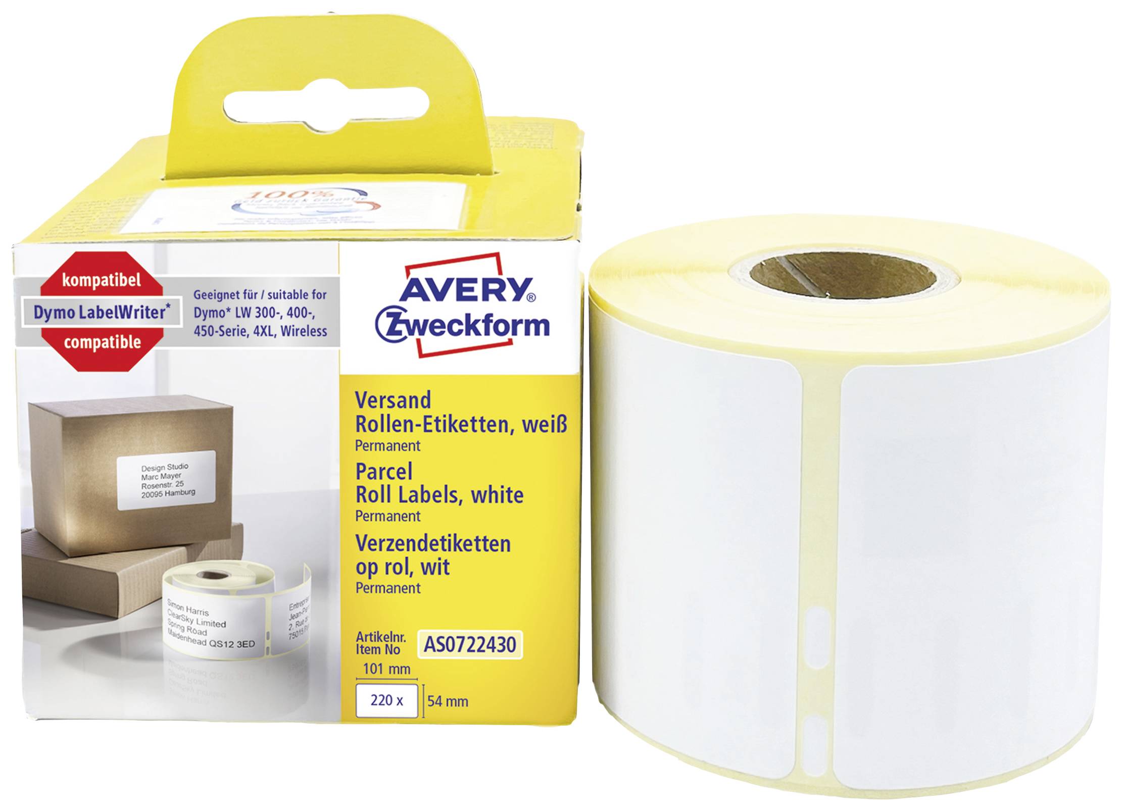 Avery-Zweckform Label roll 101 x 54 mm Paper White 220 pc(s) Permanent adhesive AS0722430 Shipping labels