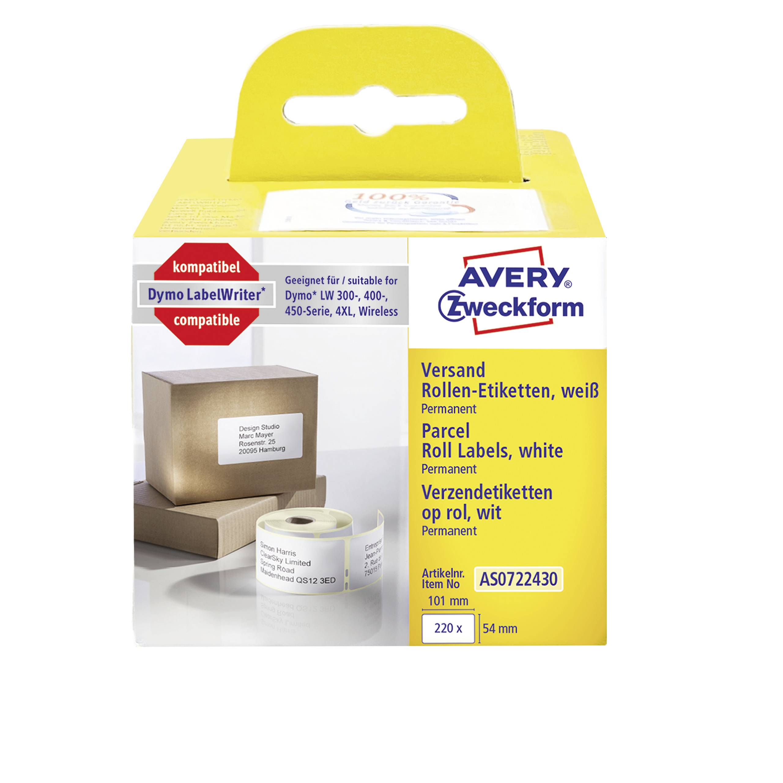 Package of white shipping labels by Avery Zweckform. Compatible with Dymo LabelWriter. Contains 220 labels, 54mm wide. Item number AS0722430.