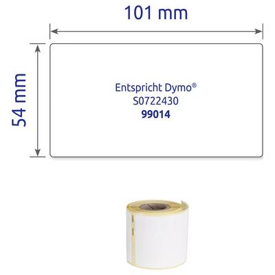Dimensional sketch of a label roll: 101 mm wide and 54 mm high, suitable for Dymo S0722430 or 99014; the roll is illustrated below.