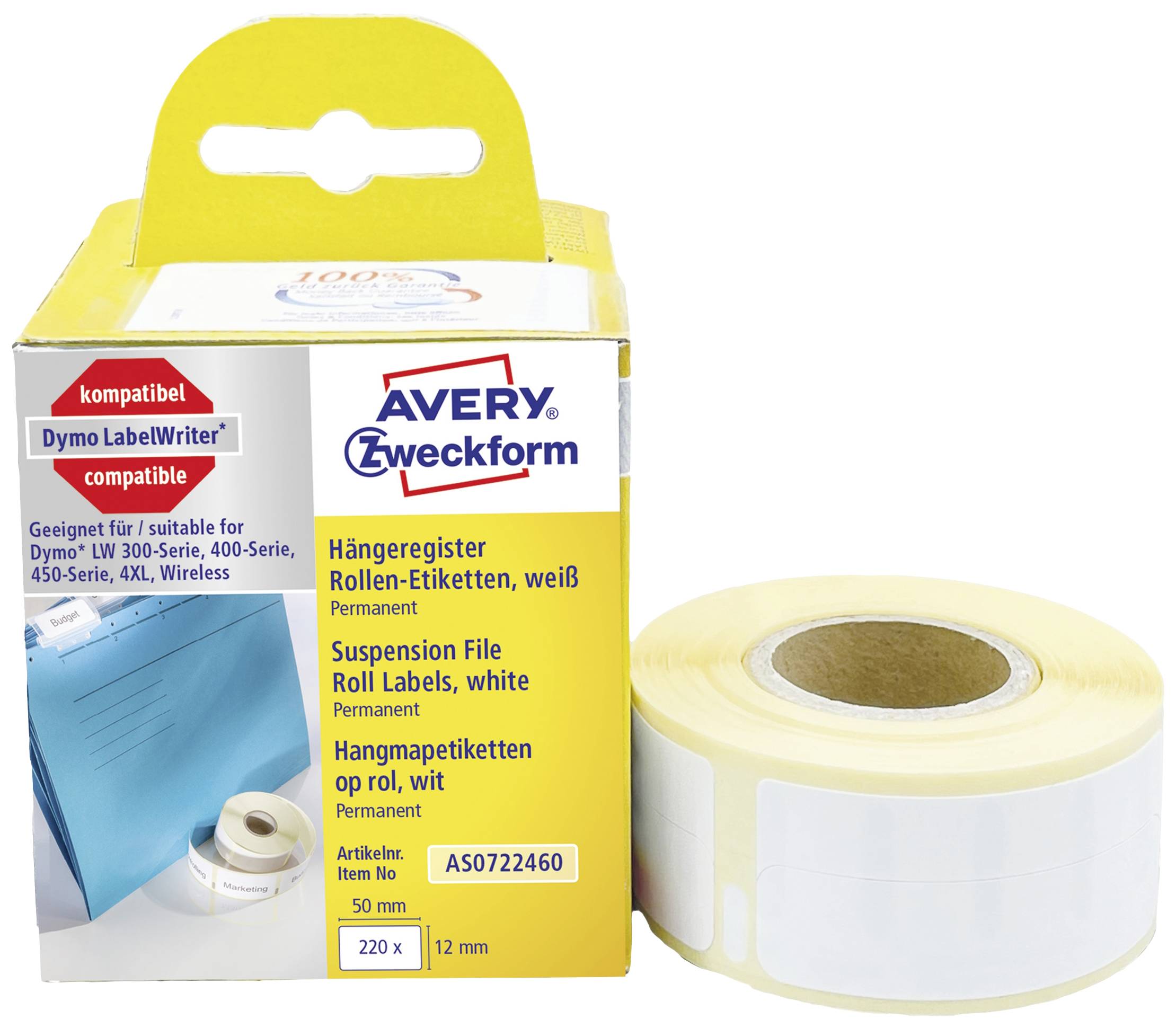 Avery-Zweckform Label roll Compatible replaced DYMO 99017, S0722460 50 x 12 mm Paper White 220 pc(s) Permanent adhesive Suspension file labels AS0722460