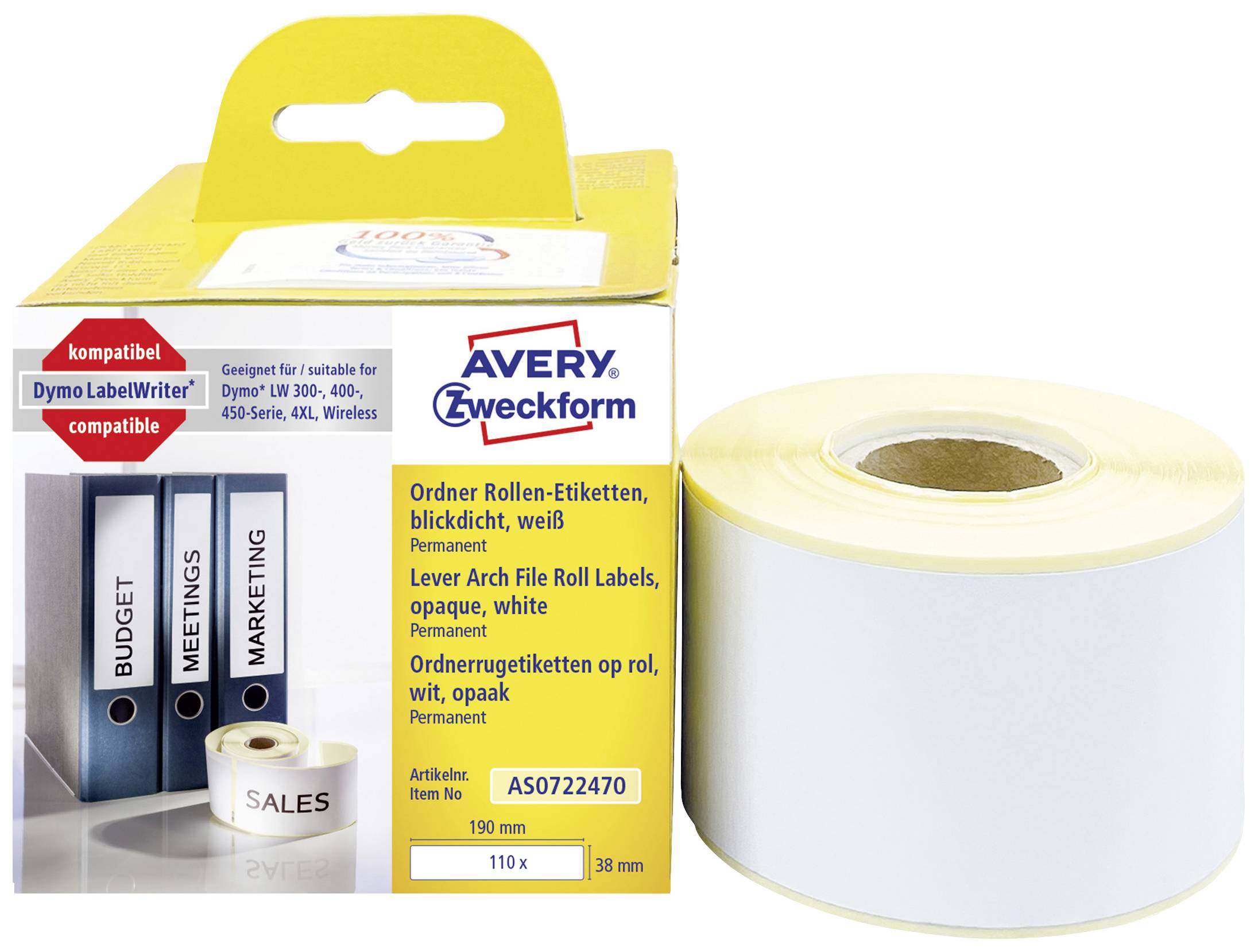 Avery-Zweckform Label roll Compatible replaced DYMO, Seiko 99018, S0722470 190 x 38 mm Paper White 110 pc(s) Permanent adhesive Lever arch file labels AS0722470