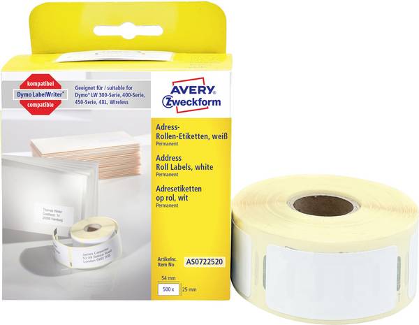 Avery-Zweckform Label roll 54 x 25 mm Paper White 500 pc(s) Permanent adhesive AS0722520 Address labels