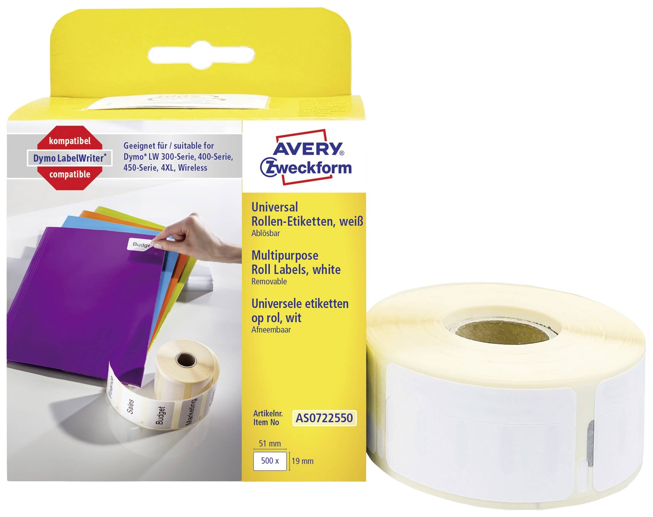 Avery-Zweckform Label roll 19 x 51 mm Paper White 500 pc(s) Removable AS0722550 All-purpose labels