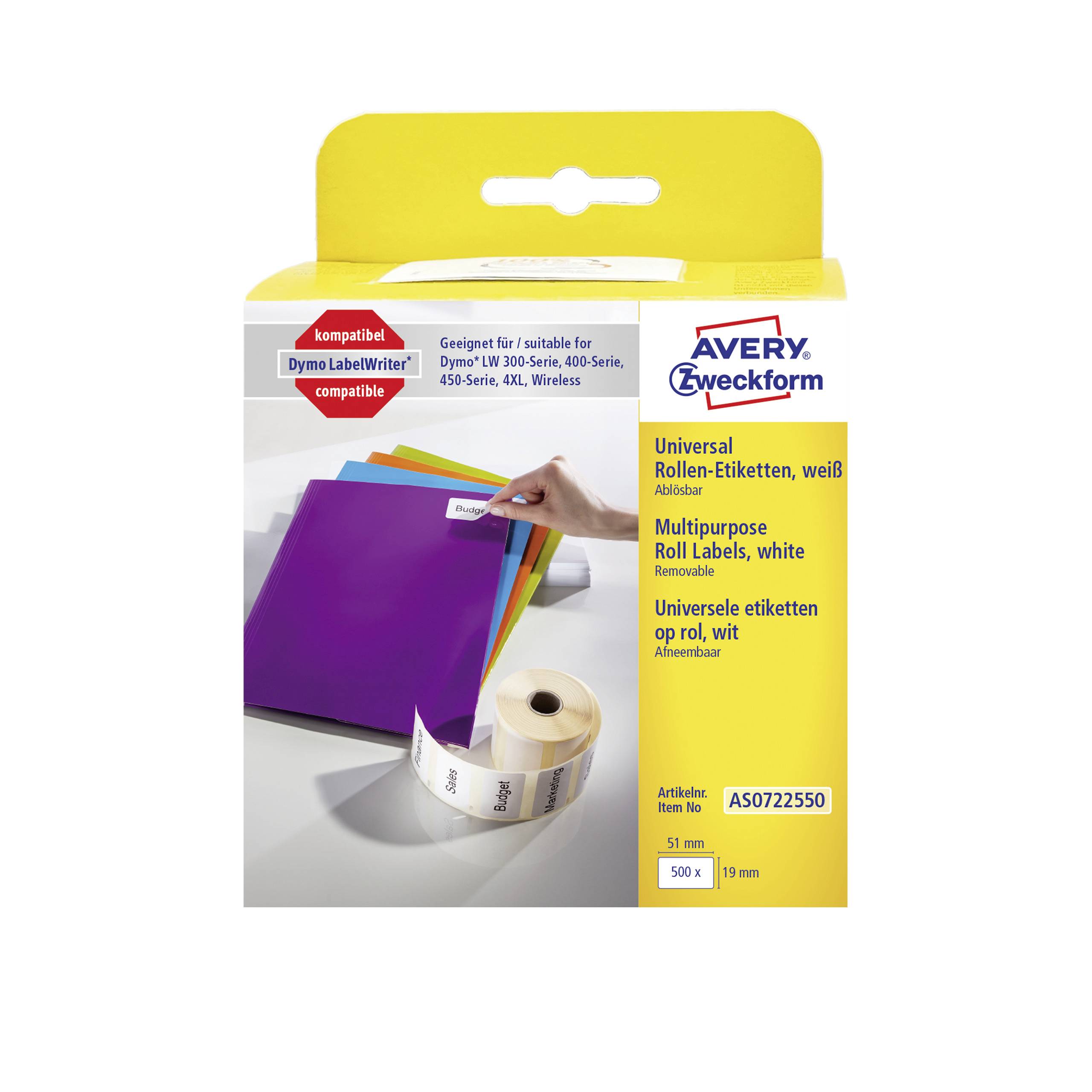 Avery Zweckform Universal Roll Labels, white, on yellow packaging, for Dymo LabelWriter, 500 labels per roll.