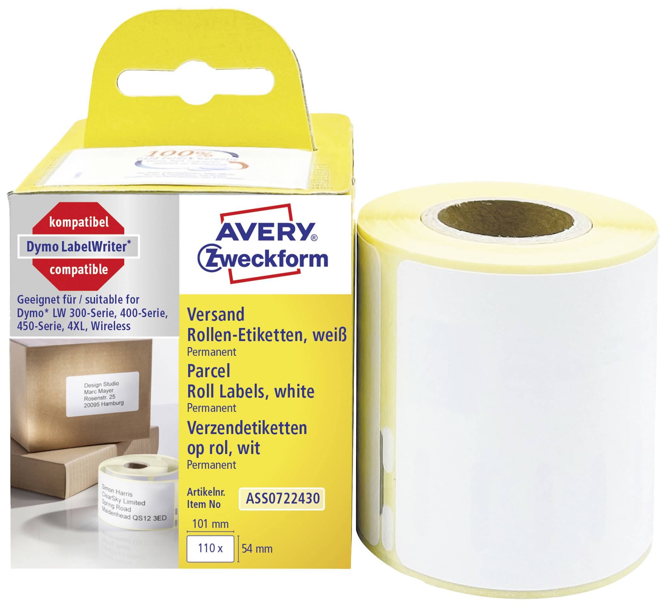Avery-Zweckform Label roll 101 x 54 mm Paper White 110 pc(s) Permanent adhesive Shipping labels ASS0722430