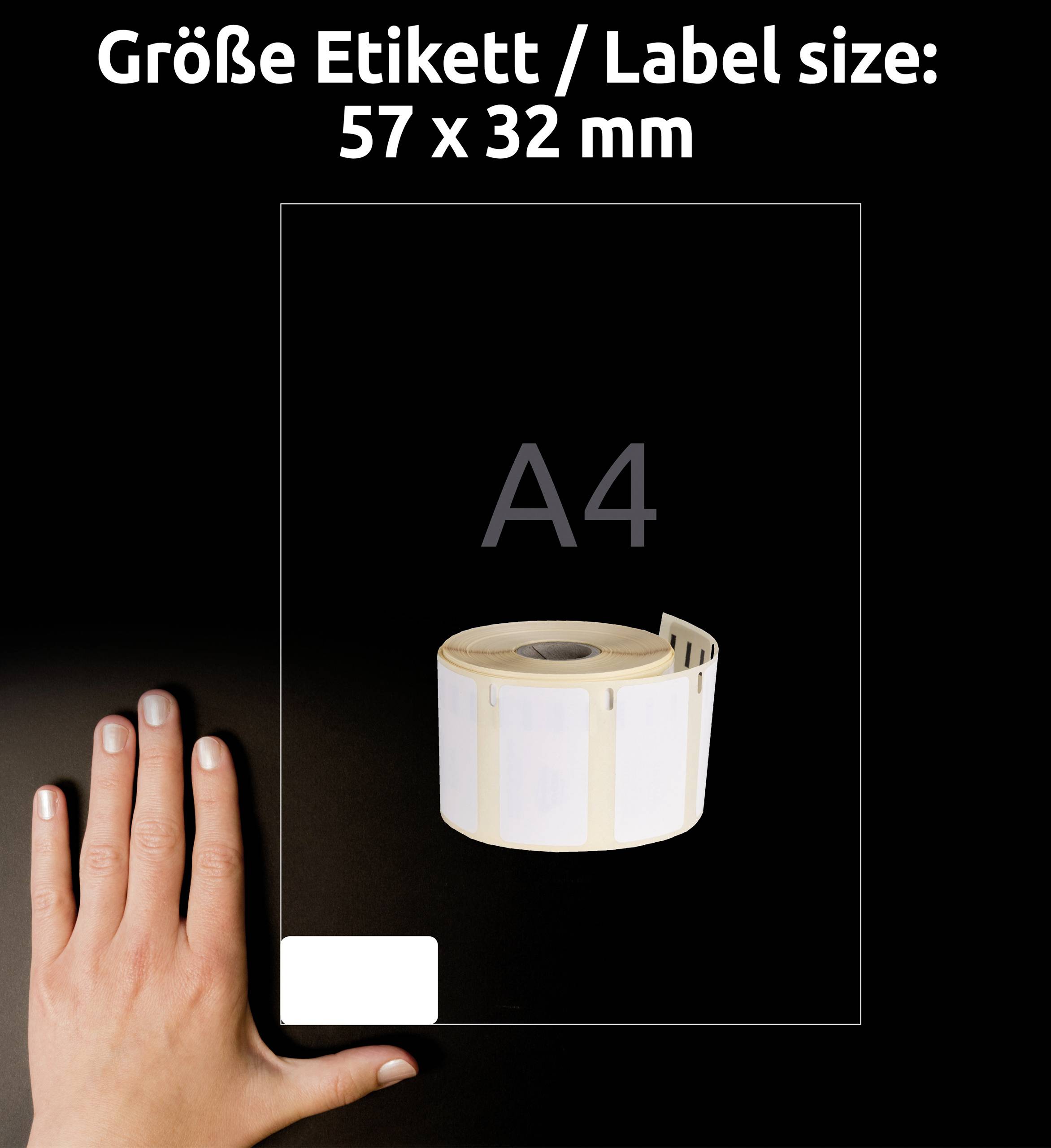 A hand is pointing to a roll of self-adhesive labels sized 57 x 32 mm on an A4 sheet.