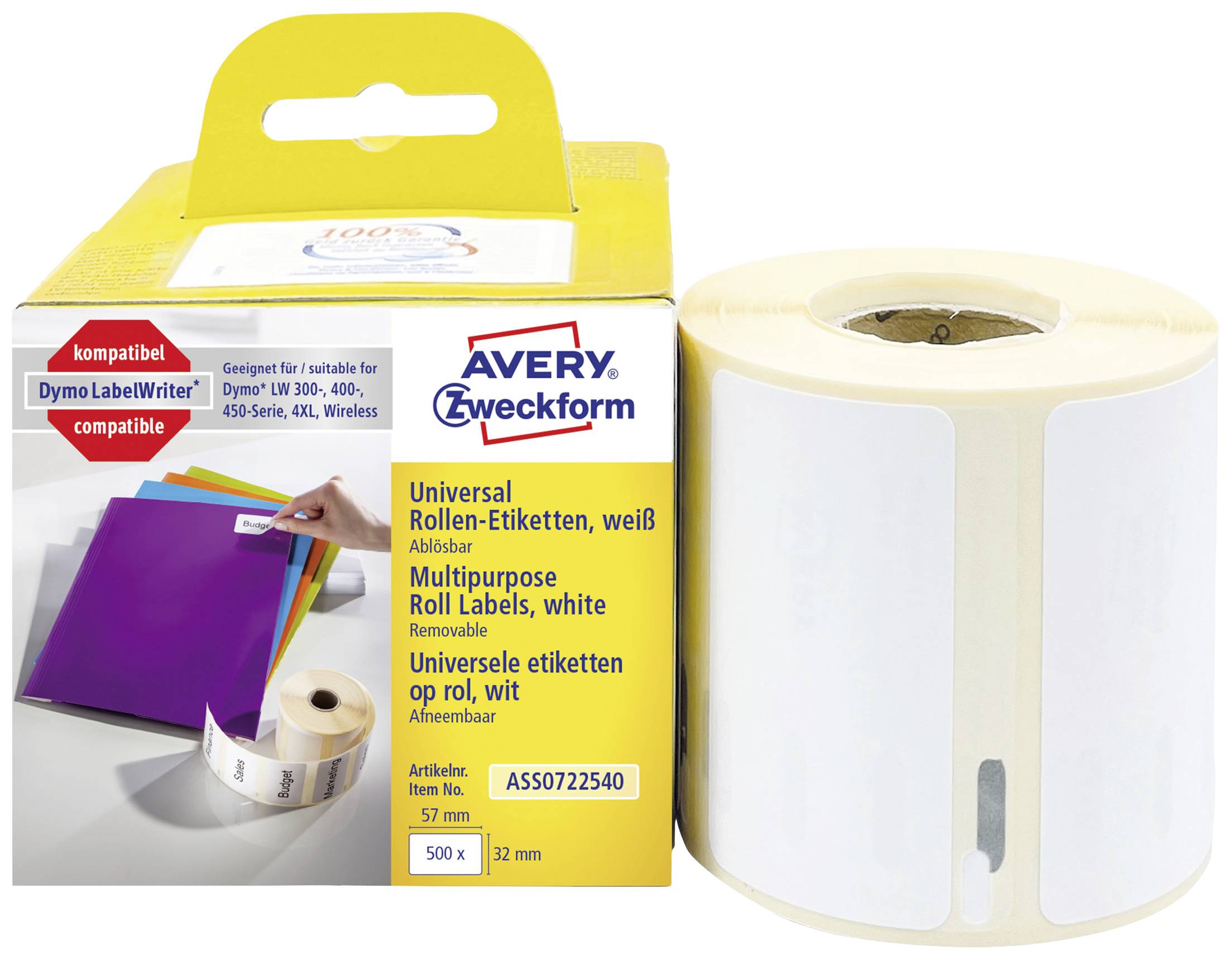 Avery-Zweckform Label roll Compatible replaced DYMO, Seiko 11354, S0722540 57 x 32 mm Paper White 500 pc(s) Removable All-purpose labels ASS0722540