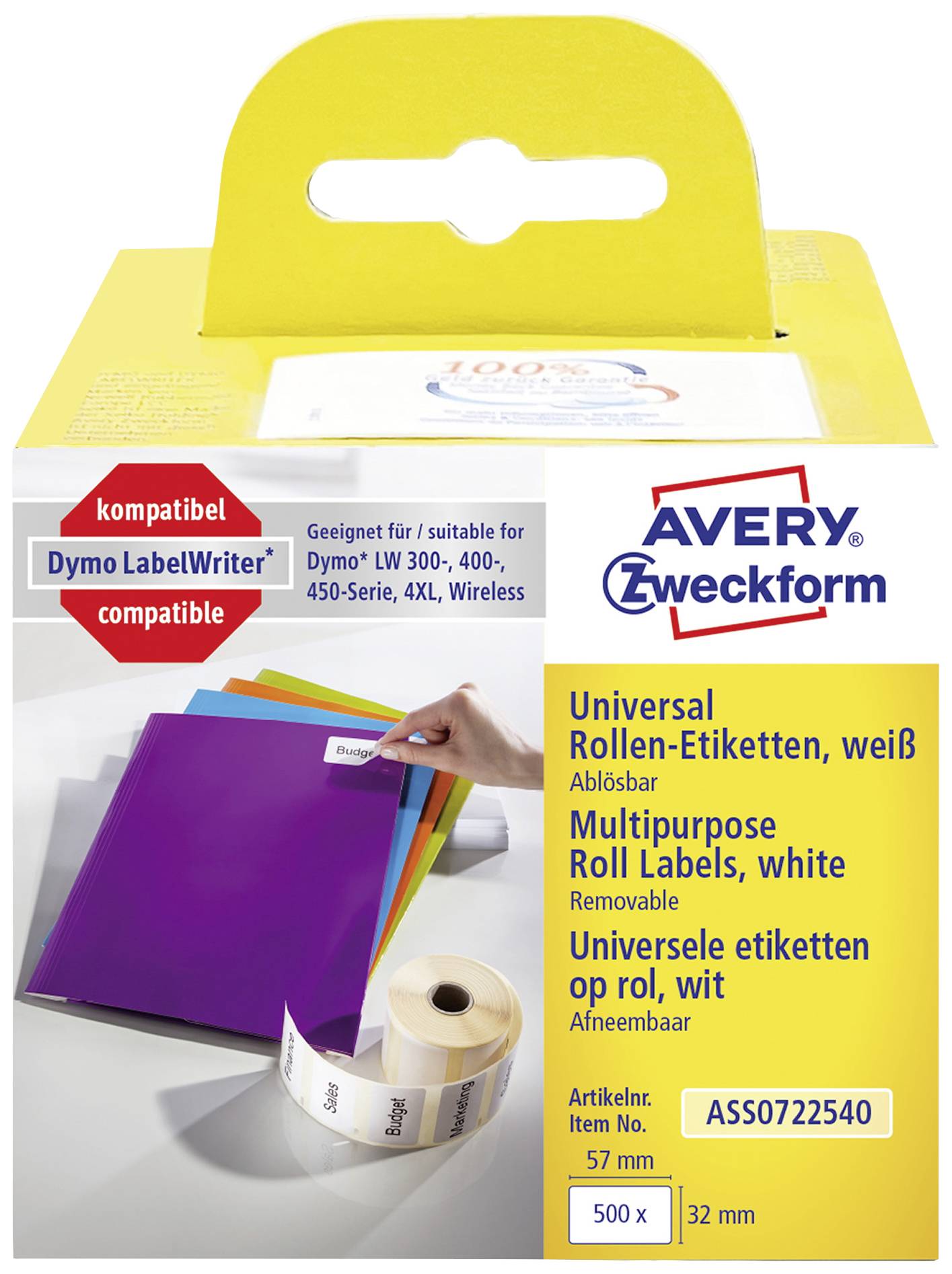'Universal Roll Labels, white, removable.' Package contains labels and shows coloured sleeves. Compatible with Dymo LabelWriter.
