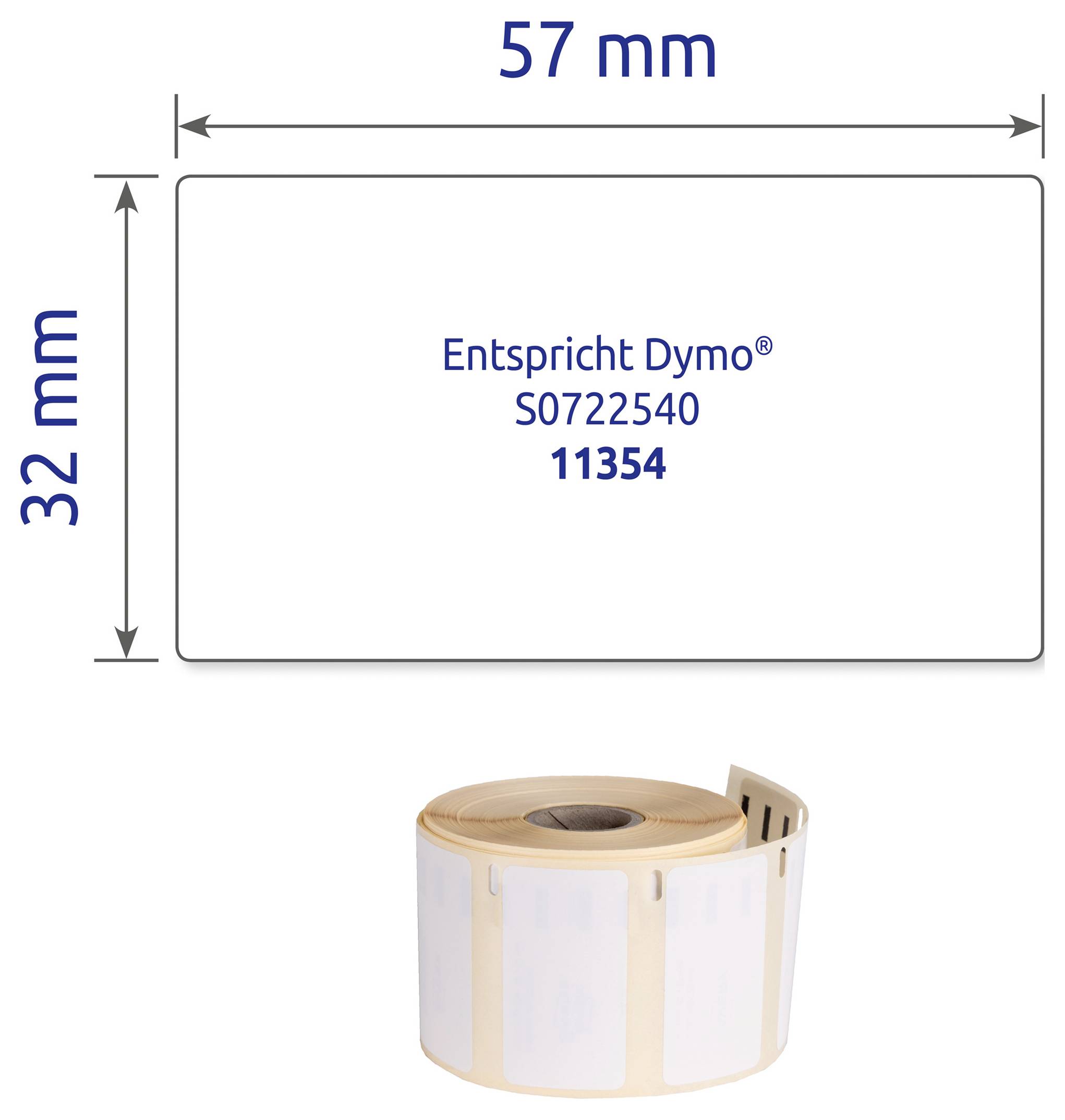 Label roll with 57 x 32 mm white labels; compatible with Dymo S0722540, article number 11354.