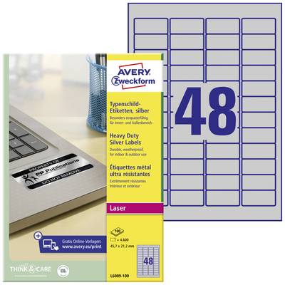 Avery-Zweckform L6009-100 Nameplates 45.7 x 21.2 mm Polyester film Silver 4800 pc(s) Permanent adhesive Laser printer, C