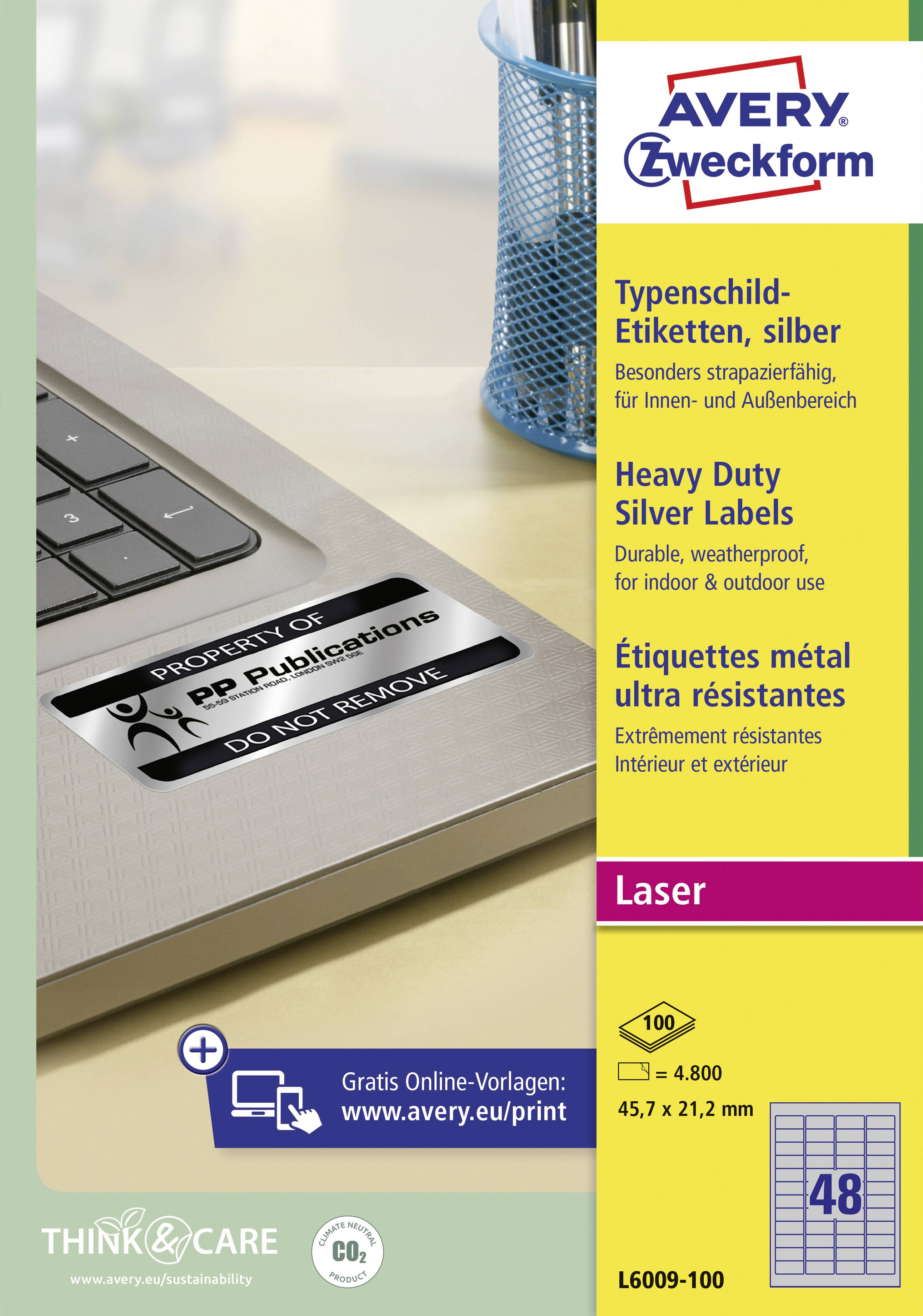 'Metal-style labels by Avery Zweckform, permanent and waterproof, 45.7 x 21.2 mm, 48 pieces, suitable for indoor and outdoor use.'