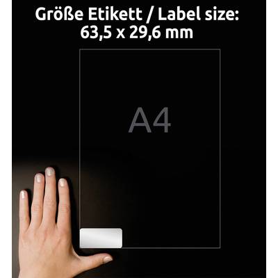 'Label size: 63.5 x 29.6 mm' shows the dimensions of a rectangular label on an A4 sheet with a hand for size comparison.