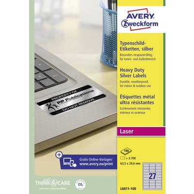 'Labels for indoor and outdoor use, silver, 63.5 x 29.6 mm, 27 per sheet, Avery Zweckform, waterproof, laser compatible.'