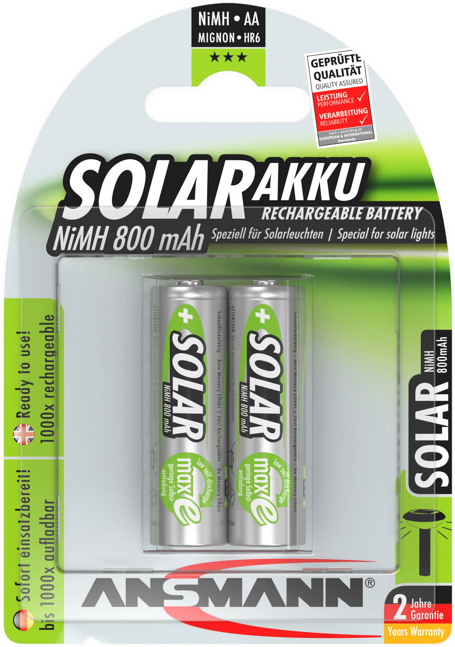'Two AA NiMH rechargeable batteries, 800 mAh, specifically designed for solar lights. Brand name Ansmann. Packaging highlights rechargeability and 2-year warranty.'