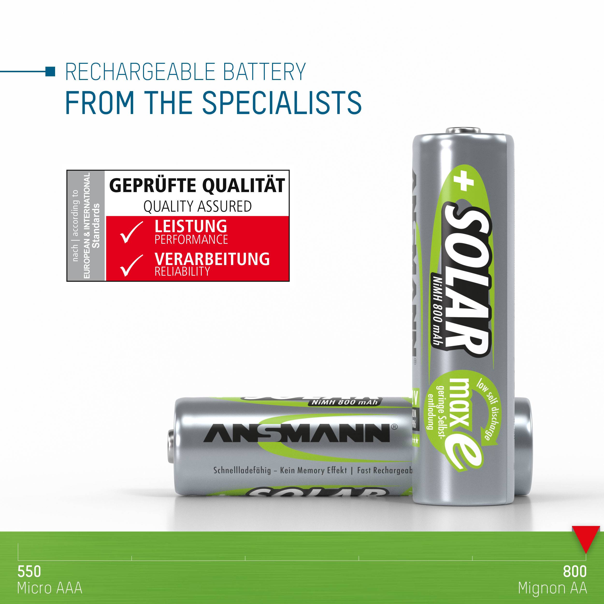 Two rechargeable AAA batteries, one lying down, one standing up. 'SOLAR' inscription and quality seal 'TESTED SPECIALISTS' visible.